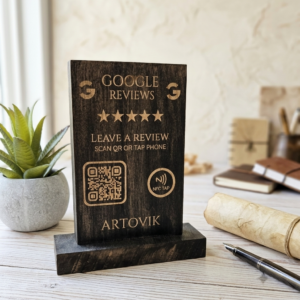Google Reviews NFC and QR Code Sign - Custom Black Maple Wood Sign - Countertop Stand for Retail and Office Use