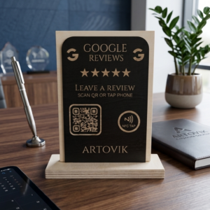 Google Review Plaque with NFC and QR Code - Custom Wooden Business Sign - Engraved Premium Birch Plywood, Black Stain Countertop Display